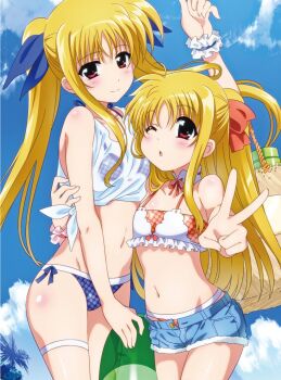 Rule 34 | 2girls, alicia testarossa, artist request, bikini, bikini bottom under shorts, bikini top under shirt, bikini under clothes, blonde hair, blue bikini, blue shorts, cowboy shot, cutoffs, denim, denim shorts, fate testarossa, frilled bikini, frilled cuffs, frills, height difference, innertube, lyrical nanoha, mahou shoujo lyrical nanoha innocent, multiple girls, official art, one eye closed, red eyes, see-through clothes, see-through shirt, shirt, shorts, siblings, sisters, swim ring, swimsuit, tied shirt, twintails, two side up, v