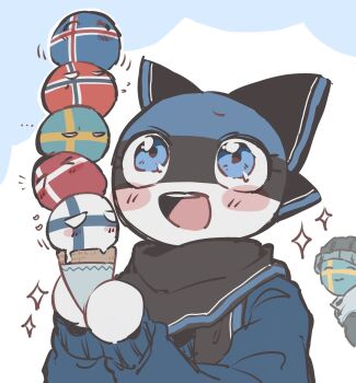 1boy 1girl black_bow black_scarf blue_eyes blue_jacket blush bow countryball countryhumans danish_flag denmarkball estonia_(countryhumans) estonian_flag finland_(countryhumans) finlandball finnish_flag food hair_bow highres ice_cream icelandball icelandic_flag jacket kashiwabiso norwayball norwegian_flag open_mouth patterned_skin scarf simple_background smile sparkle swedenball swedish_flag upper_body white_background