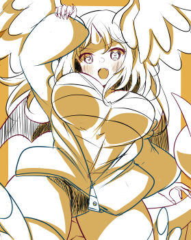 1girl absurdres arm_up blush breasts cafe_berry cleavage dragonite gen_1_pokemon head_wings highres horns jacket large_breasts mega_dragonite nintendo open_mouth personification plump pokemon pokemon_(creature) single_horn wide_sleeves wings yellow_theme zipper