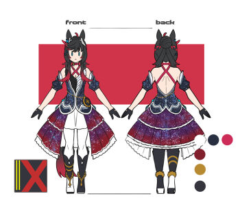 1girl animal_ears backless_outfit black_hair blue_eyes boots breasts cleavage closed_mouth collarbone commentary_request concept_art full_body gloves hair_ornament highres horse_ears horse_girl horse_tail long_hair looking_at_viewer medium_breasts original solo standing tail white_background yokoji_(kodai2015)