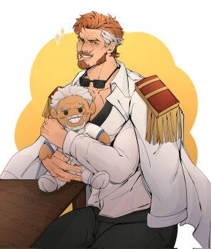 1boy alaric_(peedeeseel) bara bugadobepo character_doll cowboy_shot dark-skinned_male dark_skin doll epaulettes facial_hair goatee grey_hair grin highres implied_yaoi male_focus mature_male monkey_d._garp multicolored_hair mustache oc_x_canon old old_man one_piece orange_hair original pants pectoral_cleavage pectorals second-party_source short_hair smile solo sparkle streaked_hair thick_eyebrows white_hair