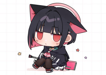 1girl animal_ears black_choker black_hair black_hoodie black_pantyhose black_shoes blue_archive blunt_bangs blunt_ends blush cat_choker cat_ears cat_girl chibi chibi_only choker closed_mouth colored_inner_hair commentary full_body futagoma green_sailor_collar grid_background gun halo highres hood hood_down hoodie jitome kazusa_(blue_archive) long_sleeves looking_at_viewer multicolored_hair neckerchief pantyhose pink_hair pink_halo pink_neckerchief pleated_skirt red_eyes sailor_collar shoes short_hair sidelocks sitting skirt sneakers solo star_(symbol) weapon white_background white_skirt