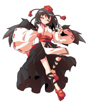 Rule 34 | 1girl, alphes (style), black hair, black thighhighs, black wings, blush, breasts, closed eyes, closed mouth, commentary request, dairi, feathered wings, full body, geta, hair between eyes, hand up, hat, highres, kourindou tengu costume, large variant set, medium hair, parody, shameimaru aya, simple background, solo, style parody, sweatdrop, tachi-e, thighhighs, tokin hat, touhou, transparent background, variant set, wide sleeves, wings