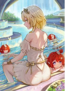 4girls absurdres aglaea_(honkai:_star_rail) ancient_greek_clothes angel_wings ass blonde_hair blue_eyes breasts commentary_request cross-shaped_pupils dress fountain greco-roman_clothes green_eyes highres honkai:_star_rail honkai_(series) indoors isome large_breasts laurel_crown multiple_girls partially_submerged red_hair revision short_hair smile symbol-shaped_pupils trianne_(honkai:_star_rail) tribbie_(honkai:_star_rail) trinnon_(honkai:_star_rail) white_dress wings