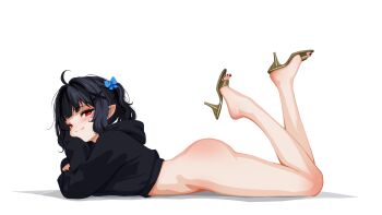1girl ahoge ass black_hair black_nails blue_bow blush body_blush bottomless bow chin_reast fang feet gold_shoes hair_bow hair_ornament heart heart-shaped_pupils high_heels highres indie_virtual_youtuber legs long_sleeves looking_at_viewer lying midriff mint_fantome on_stomach pointy_ears red_eyes sansha_art shoes sidelocks simple_background solo sweater symbol-shaped_pupils thighs toes two_side_up virtual_youtuber white_background x_hair_ornament