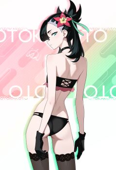 1girl absurdres artist_name ass asymmetrical_bangs back bare_shoulders bikini black_bikini black_choker black_gloves black_thighhighs choker closed_mouth commentary cowboy_shot earrings english_commentary expressionless flower from_behind gloves green_eyes green_ribbon hair_flower hair_ornament hair_ribbon hibiscus highres jewelry looking_at_viewer looking_back marnie_(pokemon) marnie_(summer_2021)_(pokemon) nintendo otokakoto pokemon pokemon_masters_ex red_flower ribbon shoulder_blades solo standing stud_earrings swimsuit thighhighs twintails undercut