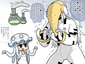 2girls bodysuit commentary elbow_gloves fewer_digits galarian_form galarian_weezing gen_4_pokemon gen_7_pokemon gen_8_pokemon gloves kasugai_(de-tteiu) legendary_pokemon makhia_(kasugai_(de-tteiu)) mask multiple_girls nihilego nintendo personification pokemon regigigas sweat tentacle_hair translated trembling two_side_up ultra_beast white_bodysuit white_hair