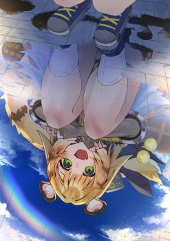 1girl absurdres animal_ear_fluff animal_ears blue_shoes colored_inner_hair commentary_request fang green_eyes highres hiyayakko_(jfky2528) jacket ju_fufu multicolored_hair open_mouth puddle rainbow reflection reflection_focus reflective_liquid shoes skin_fang solo squatting striped_fur striped_hair tail tiger_ears tiger_girl tiger_stripes tiger_tail yellow_jacket zenless_zone_zero