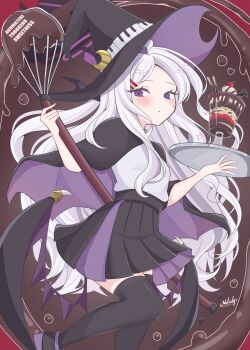 1girl absurdres ahoge black_halo black_skirt black_thighhighs blue_archive breasts chocolate demon_girl demon_horns demon_wings halo hat highres hina_(blue_archive) horns long_hair looking_at_viewer low_wings purple_eyes skirt small_breasts solo standing tanabata_natsuki thighhighs thighs very_long_hair white_hair wings witch_hat