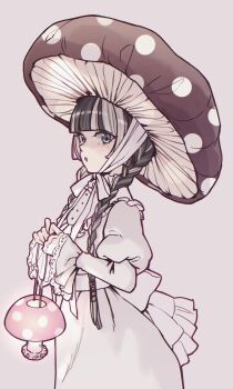 1girl alternate_costume black_hair blue_eyes blunt_bangs braid commentary_request dress frilled_sleeves frills highres hololive hololive_dev_is juufuutei_raden long_hair looking_at_viewer multicolored_hair mushroom_hat mushroom_on_head sleeves_past_wrists solo sonnamonaka streaked_hair twin_braids two-tone_hair victorian virtual_youtuber white_background white_dress