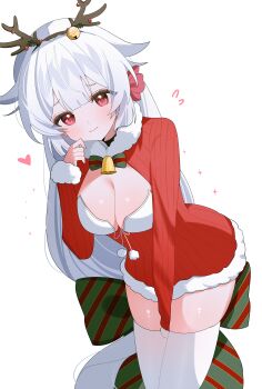 1girl absurdres antlers arm_between_legs bell breasts cleavage closed_mouth commentary deer_antlers dress fake_antlers flying_sweatdrops fur-trimmed_dress fur_trim fuyuka_(stella_sora) grey_hair hand_up heart highres horns large_breasts leaning_forward long_hair looking_at_viewer neck_bell red_dress red_eyes santa_costume santa_dress shusuchii simple_background solo stella_sora symbol-only_commentary thighhighs white_background white_thighhighs