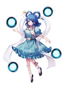 1girl black_shoes blue_dress blue_eyes blue_hair chisel dress drill_hair drill_sidelocks floral_print flower game_cg hagoromo hair_ornament hair_rings hair_stick hakurei_frontier_spell_strive highres kaku_seiga looking_at_viewer moshihimechan official_art ofuda open_clothes open_mouth open_vest pink_flower print_dress shawl shoes short_sleeves sidelocks smile socks solo third-party_source touhou transparent_background vest white_socks white_vest