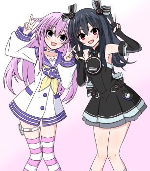 2girls absurdres bare_shoulders black_hair breasts choujigen_game_neptune choujigen_game_neptune_mk2 d-pad d-pad_hair_ornament dress four_goddesses_online:_cyber_dimension_neptune hair_ornament hair_ribbon highres hood hooded_track_jacket jacket long_hair multiple_girls neckerchief nepgear neptune_(series) power_symbol purple_eyes purple_hair red_eyes ribbon sailor_dress simple_background small_breasts striped_clothes striped_thighhighs thighhighs track_jacket uni_(neptunia) v yellow_neckerchief