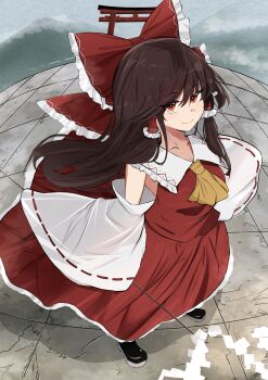 1girl absurdres ascot bare_shoulders black_shoes bow breasts brown_hair closed_mouth cloud collarbone collared_shirt commentary_request day detached_sleeves fisheye frills full_body gohei grey_sky hair_between_eyes hair_bow hair_ornament hair_tubes hakurei_reimu highres holding holding_gohei japanese_clothes long_hair long_sleeves looking_at_viewer medium_breasts mountain nontraditional_miko oonusa outdoors perspective red_bow red_eyes red_shirt red_skirt revision shadow shirt shoes sidelocks skirt sky sleeveless sleeveless_shirt smile solo tooya0130 torii touhou white_sleeves wide_sleeves yellow_ascot