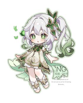 1girl bloomers blush cape commentary_request cross-shaped_pupils detached_sleeves dress full_body genshin_impact gradient_hair green_cape green_eyes green_hair green_sleeves hair_between_eyes hair_ornament highres leaf_hair_ornament looking_at_viewer multicolored_hair nahida_(genshin_impact) parted_lips pointy_ears side_ponytail simple_background sleeveless sleeveless_dress solo star-shaped_pupils star_(symbol) stirrup_legwear symbol-shaped_pupils toeless_legwear underwear unouto white_background white_bloomers white_dress white_hair