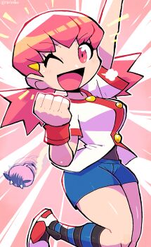 1girl ;d absurdres breasts gen_2_pokemon hair_ornament highres looking_at_viewer low_twintails miltank nintendo one_eye_closed open_mouth pink_eyes pink_hair pokemon pokemon_(creature) pokemon_hgss rariatto_(ganguri) rollout_(pokemon) short_hair shorts smile solo thighs twintails whitney_(pokemon)