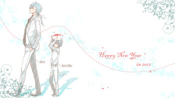 2012 2boys blue_eyes blue_hair bowl character_name closed_mouth commentary_request full_body happy_new_year hatii_(ragnarok_online) highres holding holding_bowl izumi0016 jacket long_sleeves looking_at_viewer low_ponytail male_focus multiple_boys new_year pants personification ponytail ragnarok_online shirt short_hair smile vest walking white_background white_jacket white_pants white_shirt white_vest