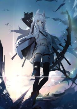 1girl absurdres animal_ear_fluff animal_ears arknights arrow_(projectile) belt black_gloves bow_(weapon) closed_mouth commentary_request day expressionless full_body gloves grey_eyes highres holding holding_bow_(weapon) holding_weapon horse_ears horse_girl jacket koda24 long_hair looking_at_viewer midriff_peek outdoors platinum_(arknights) shorts solo standing weapon white_belt white_hair white_jacket white_shorts