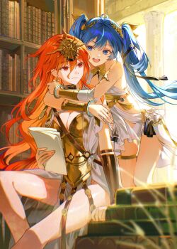 2girls absurdres ahoge ancient_greek_clothes arm_armor armor augusta_(wuthering_waves) bare_legs bare_shoulders black_collar black_skirt blue_eyes blue_hair book book_stack bookshelf breastplate breasts cleavage closed_mouth collar colored_inner_hair commentary earrings gold_bra greco-roman_clothes hair_between_eyes hashtag-only_commentary head_wreath headgear highres holding holding_paper hug hug_from_behind indoors iuno_(wuthering_waves) jewelry legs library long_hair looking_at_another medium_breasts miniskirt multicolored_hair multiple_girls open_mouth orange_hair paper pong_(pong_o0) red_eyes showgirl_skirt sitting skirt smile streaked_hair sun_earrings thighlet thighs very_long_hair wuthering_waves