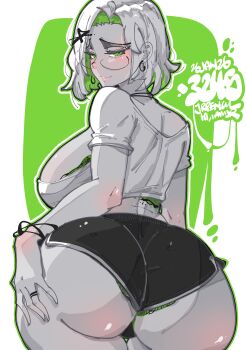 1girl absurdres arched_back artist_name ass black_shorts border breasts colored_inner_hair colored_skin commentary dolphin_shorts earrings english_commentary from_behind glasses green_background green_eyes green_hair grey_skin hair_ornament half-closed_eyes hand_on_own_ass highres jewelry jrpencil large_breasts looking_at_viewer looking_back micro_shorts multicolored_hair original outside_border panties panty_peek parted_lips raised_inner_eyebrows ring seductive_smile shirt short_hair shorts smile solo two-tone_hair underwear white_border white_hair white_shirt