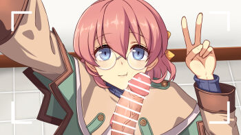 Rule 34 | 1boy, 1girl, bar censor, blue eyes, censored, cheek poking, commentary request, dorothy hyatt, eiyuu densetsu, erection, freckles, glasses, highres, hou (hachiyou), looking at viewer, penis, pink hair, poking, poking with penis, pov, recording, selfie, short hair, smile, sora no kiseki, v