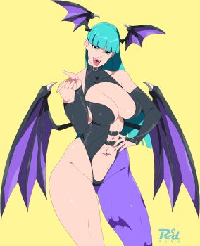 1girl absurdres animal_print bat_print black_leotard blunt_bangs breasts capcom cleavage darkstalkers demon_girl demon_wings fang green_eyes green_hair head_wings highres leotard long_hair looking_at_viewer morrigan_aensland open_mouth pantyhose print_pantyhose purple_pantyhose r3dfive single_leg_pantyhose smile solo strapless strapless_leotard teeth tongue tongue_out wings yellow_background