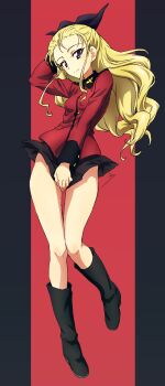 1girl absurdres assam_(girls_und_panzer) blonde_hair blue_eyes blush breasts closed_mouth commentary_request erakin girls_und_panzer hair_ribbon highres long_hair looking_at_viewer military_uniform miniskirt no_panties red_background ribbon simple_background skirt small_breasts smile solo st._gloriana&#039;s_military_uniform