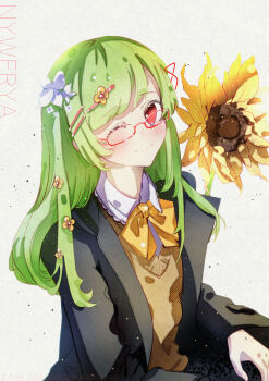 1girl alternate_hair_length alternate_hairstyle artist_name bespectacled black_jacket blazer brown_sweater_vest chinese_commentary closed_mouth collared_shirt commentary_request flower glasses green_hair hair_flower hair_ornament hairclip highres jacket kazami_yuuka light_particles long_hair long_sleeves looking_at_viewer nywerya one_eye_closed open_clothes open_jacket parallel_hairclips red-framed_eyewear red_eyes school_uniform shirt simple_background solo sunflower sweater_vest swept_bangs touhou upper_body white_background white_flower white_shirt yellow_flower
