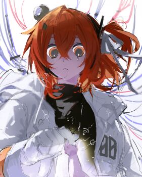 1girl 1other a.i._voice adachi_rei age_difference baby black_shirt cable dilated_pupils dinner128 gloves hair_between_eyes hair_ribbon headlamp holding_another's_finger jacket long_sleeves looking_at_viewer open_clothes open_jacket orange_hair parted_lips pov radio_antenna ribbon shirt side_ponytail tears utau white_gloves white_jacket white_ribbon