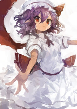1girl absurdres ascot bat_wings blue_hair hair_between_eyes hat hat_ribbon highres kaamin_(mariarose753) looking_at_viewer mob_cap outstretched_arms pink_hat pointy_ears puffy_short_sleeves puffy_sleeves red_ascot red_eyes red_ribbon remilia_scarlet ribbon short_hair short_sleeves smile solo touhou wings