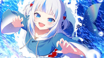 1girl absurdres animal_costume blue_eyes blue_hair blue_hoodie claw_pose fins fish_tail gawr_gura gawr_gura_(1st_costume) hair_ornament highres hololive hololive_english hood hoodie looking_at_viewer medium_hair multicolored_hair nemu_iine shark_costume shark_girl shark_hair_ornament shark_tail sharp_teeth smile streaked_hair tail teeth two_side_up upper_teeth_only virtual_youtuber water white_hair