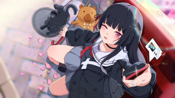 1girl absurdres black_cat black_choker black_hair black_jacket black_serafuku black_shirt black_skirt blush cat cellphone chinese_commentary chisa_(wuthering_waves) choker commentary_request from_above hair_ribbon highres holding holding_phone jacket long_hair long_sleeves namipon_(wuthering_waves) neckerchief one_eye_closed open_mouth partial_commentary petals phone pink_petals qianbihezhong red_eyes red_neckerchief red_ribbon ribbon sailor_collar school_uniform serafuku shirt skirt smartphone solo white_sailor_collar wuthering_waves