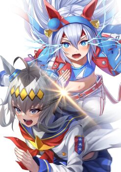 Rule 34 | 2girls, ahoge, animal ears, belt, blue eyes, blue hairband, blue jacket, blue sailor collar, blue shirt, blue skirt, brooch, chakuma (yiyh1468), commentary, crop top, ear covers, ear ornament, electricity, fang, fingerless gloves, gloves, grey hair, hair ornament, hairband, headband, highres, horse ears, horse girl, jacket, jewelry, long sleeves, multiple girls, navel, neckerchief, oguri cap (starlight beat) (umamusume), oguri cap (umamusume), open mouth, pants, red belt, red headband, red neckerchief, running, sailor collar, sailor shirt, shirt, skirt, star brooch, tamamo cross (umamusume), tamamo cross (with lightning speed) (umamusume), umamusume, umamusume: cinderella gray, v-shaped eyebrows, white gloves, white pants, white shirt, zipper