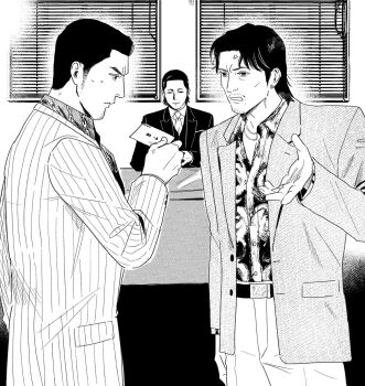 3boys anger_vein business_card chain_print commentary_request desk earrings facial_hair formal_clothes highres jacket jewelry kiryu_kazuma monochrome multiple_boys necktie oda_jun office pinstripe_pattern pinstripe_suit ryuu_ga_gotoku_(series) ryuu_ga_gotoku_0 sideburns stubble suit tachibana_tetsu tyag53