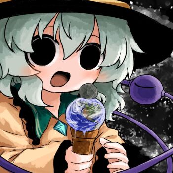 Rule 34 | 1girl, black eyes, black hat, blush, buttons, collared shirt, commentary request, diamond button, earth (planet), empty eyes, eyeball, frilled shirt collar, frilled sleeves, frills, green hair, hat, heripantomorrow, holding, holding ice cream cone, ice cream cone, komeiji koishi, long hair, long sleeves, looking at viewer, melting, moon, open mouth, planet, shirt, smile, solo, third eye, touhou, wide sleeves, yellow shirt