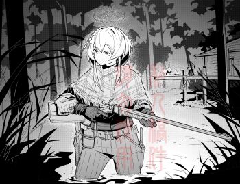 1boy 1girl absurdres belt canteen cross_hair_ornament crown dated_commentary dock double-barreled_shotgun fire floating_crown forest gloves grass gun hair_intakes hair_ornament handgun highres holding holding_gun holding_weapon holster hunt:_showdown knife_sheath load_bearing_equipment looking_to_the_side medium_hair monochrome mx-nagant nature outdoors pants partially_submerged plant poncho rope sheath shotgun shotgun_shell sidelocks stilt_house tree water watermark weapon wetland
