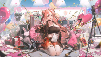 Rule 34 | 1girl, :d, balloon, balloon animal, bell, black choker, black jacket, black shirt, black shoes, blue background, box, bracelet, breasts, camera, choker, cleavage, confetti, cushion, double bun, envelope, full body, gift, gift box, guilongchao, hair bell, hair bun, hair ornament, hand up, heart, heart balloon, highres, holding plaque, jacket, jewelry, large breasts, long hair, looking ahead, mary janes, midriff, miniskirt, mole, mole on breast, official art, open mouth, parted bangs, pendant, pink hair, pixel heart, puzzle piece, red eyes, red skirt, shirt, shoes, sitting, skirt, smile, solo, speaker, string of flags, stuffed animal, stuffed rabbit, stuffed toy, teddy bear, thighhighs, tripod, v, very long hair, wariza, watermark, weibo watermark, white thighhighs, xtears kitsune, yaoyao (guilongchao), zettai ryouiki