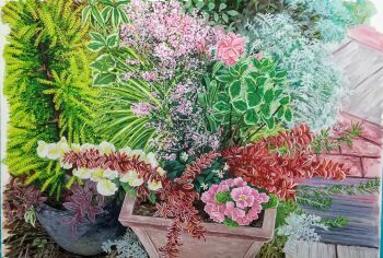 Rule 34 | brick wall, fern, flower, harusa1107, highres, leaf, no humans, object focus, original, painting (medium), pink flower, plant, plant focus, potted plant, still life, traditional media, white flower, wooden floor