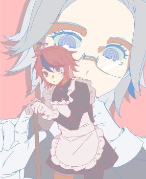 2boys ahoge aotsuki_eito apron arrow_through_heart black_dress blue_eyes chinese_commentary commentary_request crossdressing crossdressing_(mtf) dress drop_shadow frilled_apron frilled_gloves frills glasses gloves grey_hair highres juliet_sleeves long_sleeves looking_at_another looking_at_viewer maid maid_apron male_focus male_maid multicolored_hair multiple_boys pink_background puffy_sleeves purple_eyes red_hair semi-rimless_eyewear short_hair streaked_hair suanxingtangshui sumino_takumi the_hundred_line_-last_defense_academy- variant_set