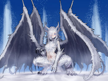 1girl absurdres blue_background breasts caligo_miasma_of_night claws commentary dragon_girl ekrea_jan elden_ring elden_ring_nightreign hair_over_one_eye highres horns long_hair medium_breasts monster_girl multiple_wings navel squatting tail wings