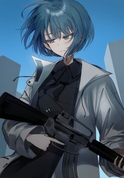 Rule 34 | 1girl, absurdres, ak-12, assault rifle, black bow, black bowtie, black shirt, blue eyes, blue hair, blue nails, blue sky, bow, bowtie, building, bulletproof vest, closed mouth, collared shirt, commentary, day, drawstring, english commentary, expressionless, gun, hair between eyes, highres, holding, holding gun, holding weapon, jacket, kalashnikov rifle, kiritani haruka, long sleeves, looking to the side, nail polish, neu 33, open clothes, open jacket, outdoors, project sekai, rifle, shirt, short hair, sidelocks, sideways glance, sky, snooze (vocaloid), solo, standing, trigger discipline, upper body, weapon, white jacket, wide sleeves