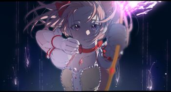 1girl aiming arms_up blurry blurry_background bow_(weapon) breasts buttons center_frills chinese_commentary choker close-up collarbone commentary_request dark_background darkness depth_of_field dot_nose expressionless eyelashes fighting_stance floating_hair foreshortening frills gloves hair_ribbon highres holding holding_bow_(weapon) holding_weapon kaname_madoka kaname_madoka_(magical_girl) letterboxed light_particles looking_at_viewer magic mahou_shoujo_madoka_magica mahou_shoujo_madoka_magica_(anime) medium_hair messy_hair outstretched_arm parted_lips pink_eyes pink_hair puffy_short_sleeves puffy_sleeves red_choker red_ribbon ribbon ribbon_choker shi_xu_jiu_zhou short_sleeves short_twintails sidelighting small_breasts solo soul_gem twintails upper_body weapon white_gloves