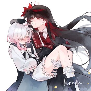 2girls artist_request beret black_hair black_hat black_shirt black_skirt carrying carrying_person chinese_commentary commentary_request commission desperation floating_hair flower gloves hair_flower hair_ornament hat highres long_hair long_sleeves mahou_shoujo_no_majo_saiban multicolored_hair multiple_girls necktie nikaido_hiro open_mouth red_eyes red_flower red_necktie sakuraba_ema second-party_source shirt short_hair simple_background skirt socks standing sweatdrop unconscious white_background white_flower white_gloves white_hair white_socks x_hair_ornament
