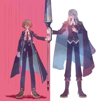 1boy 1girl aiguillette black_pants blood blood_on_ground boots brown_footwear closed_eyes collared_shirt crying don_quixote_(project_moon) fold-over_boots full_body gold_trim highres holding holding_weapon jacket la_manchaland's_don_quixote_(project_moon) lance lapels limbus_company long_hair long_sleeves necktie nito notched_lapels open_mouth pants polearm project_moon raining_blood red_jacket red_necktie shirt sidelocks smile split_screen spoilers striped_clothes striped_jacket weapon white_hair white_shirt