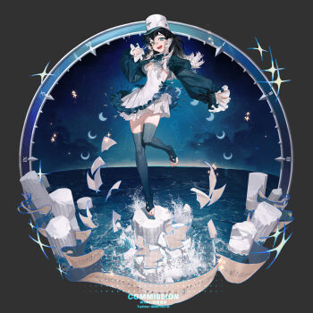 1girl absurdres aqua_eyes aqua_nails aqua_thighhighs beamed_eighth_notes black_hair bridal_legwear broken_pillar cancer_(constellation) capricorn_(constellation) commission constellation constellation_print dress eighth_note faux_figurine floating flying_paper gemini_(constellation) grey_hair grey_nails hair_between_eyes half_note hat highres leo_(constellation) long_hair long_sleeves looking_at_viewer mintha410 moon_phases multicolored_hair musical_note musical_staff nail_polish night night_sky no_shoes ocean open_mouth original paper peaked_cap pisces_(constellation) puffy_long_sleeves puffy_sleeves quarter_note roman_numeral sagittarius_(constellation) shako_cap sheet_music sky solo star_(sky) taurus_(constellation) thighhighs toe_scrunch toenail_polish toenails toes twitter_username two-tone_dress virgo_(constellation) waves weibo_username white_hair zettai_ryouiki