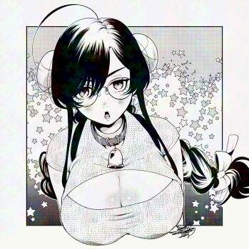 1girl ahoge bell blush border braid braided_twintails breasts cleavage cleavage_cutout clothing_cutout collar filter-goshi_no_kanojo glasses gradient_background hachiya_temari hair_ornament hair_ribbon highres large_breasts long_hair monochrome neck_bell official_art oomsz polka_dot polka_dot_shirt ribbon shirt short_sleeves signature solo star_(symbol) twintails white_background white_border