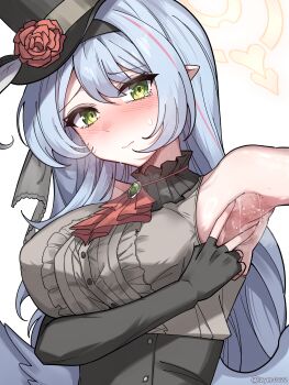 1girl armpits ascot bare_shoulders black_choker black_gloves black_hairband black_hat blue_archive blue_hair blush brooch choker commentary_request dress elbow_gloves feathered_wings fingerless_gloves flower frilled_choker frills gloves green_eyes grey_dress grey_wings hair_between_eyes hairband halo hat hat_feather hat_flower highres jewelry layer_(layer_illust) long_hair low_wings mine_(blue_archive) mine_(idol)_(blue_archive) mini_hat mini_top_hat multicolored_hair pointy_ears presenting_armpit red_ascot red_hair solo spread_armpit sweat sweatdrop top_hat two-tone_hair underbust upper_body wings yellow_halo