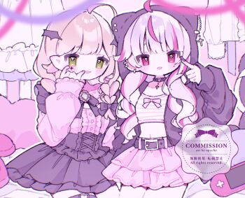 2girls :3 :p ahoge artist_name belt black_belt black_jacket black_nails black_skirt blonde_hair blunt_bangs blush closed_mouth commentary commission cowboy_shot crop_top green_eyes grey_hair hair_ornament highres hood hood_up jacket long_hair long_sleeves midriff multicolored_hair multiple_girls nail_polish navel open_clothes open_jacket open_mouth original pink_eyes pink_hair pink_shirt pink_skirt shirt skirt streaked_hair symbol-only_commentary tongue tongue_out upa_papa_co watermark wing_hair_ornament