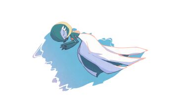 1girl backlighting blue_background bob_cut closed_eyes colored_skin female_focus flat_chest full_body gardevoir gen_3_pokemon green_hair green_skin hair_over_one_eye hands_up highres lying multicolored_skin nama86 nintendo on_side one_eye_covered open_mouth own_hands_together pokemon pokemon_(creature) short_hair sleeping solo two-tone_skin u_u white_skin