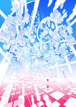 absurdres ambiguous_gender backpack bag building cloud cube floating floating_object from_behind hebitsukai highres limited_palette original shoes solo surreal walking wide_shot